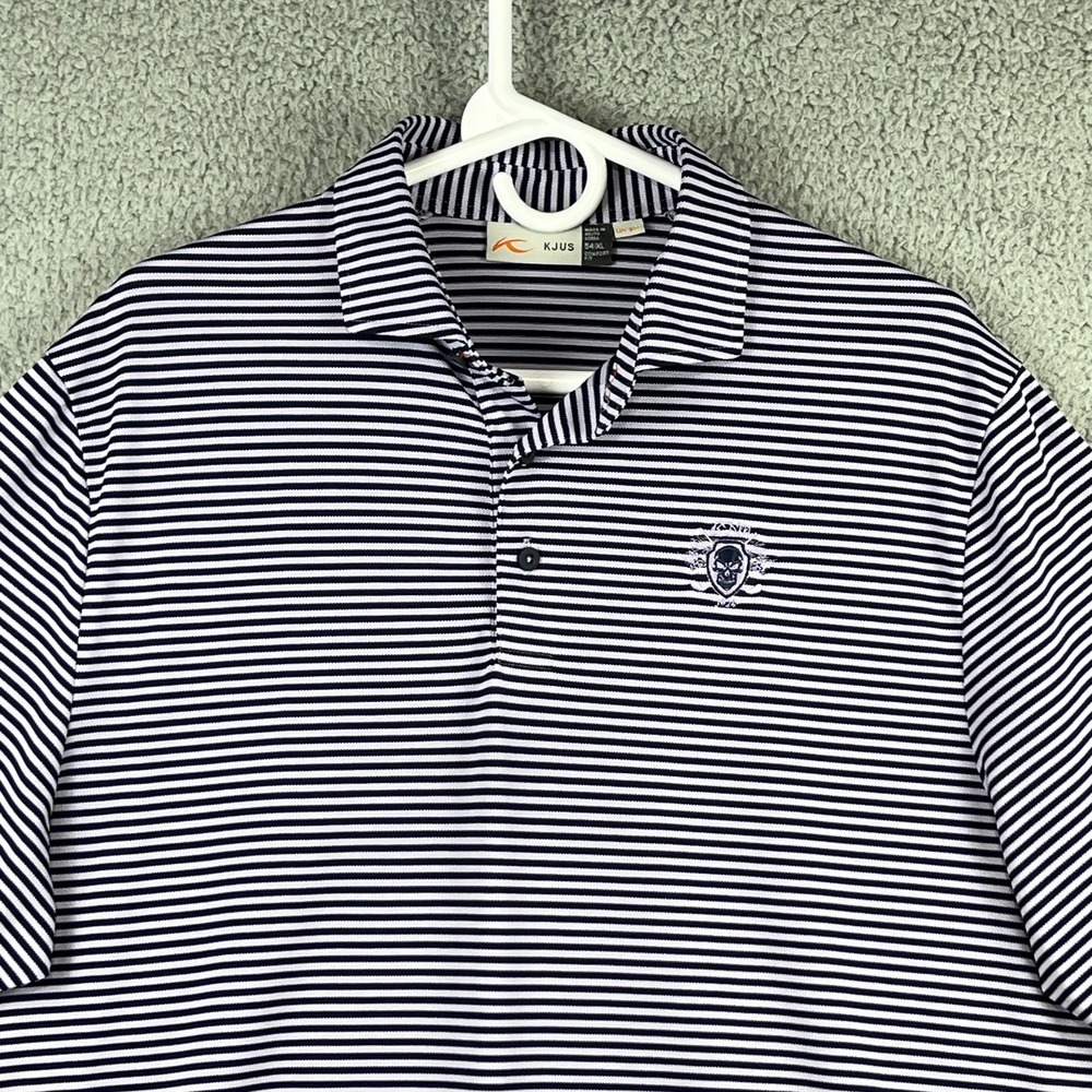 KJUS Golf Polo Shirt Mens XL 54 Comfort Fit Navy Blue Purple‎ Striped UPF 30+ - Picture 2 of 12